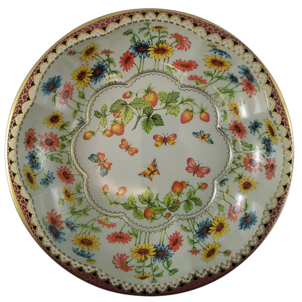 Vintage Daher Decorated Ware Floral Butterfly Strawberry Tin Bowl Serving Tray